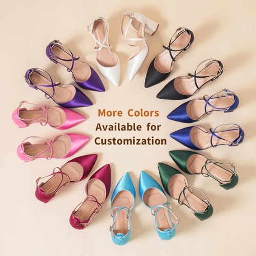 Elivandon J1586 Women's Satin Pointed Toe Mid-Heel Evening Sandals 2.36 inches Block Heel Bridal Party Wedding Pumps with Long Strap3