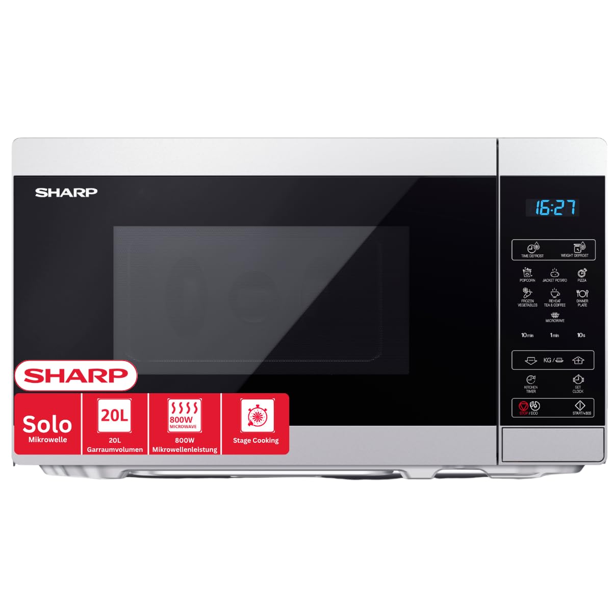 Sharp Mikrowelle YC-MS02E-S 20L, Silber/Schwarz, 800W Mikrowellenleistung, Voll-digitale Steuerung, 11 Stufen, 8 Automatikprogramme, Kindersicherung, ECO-Modus