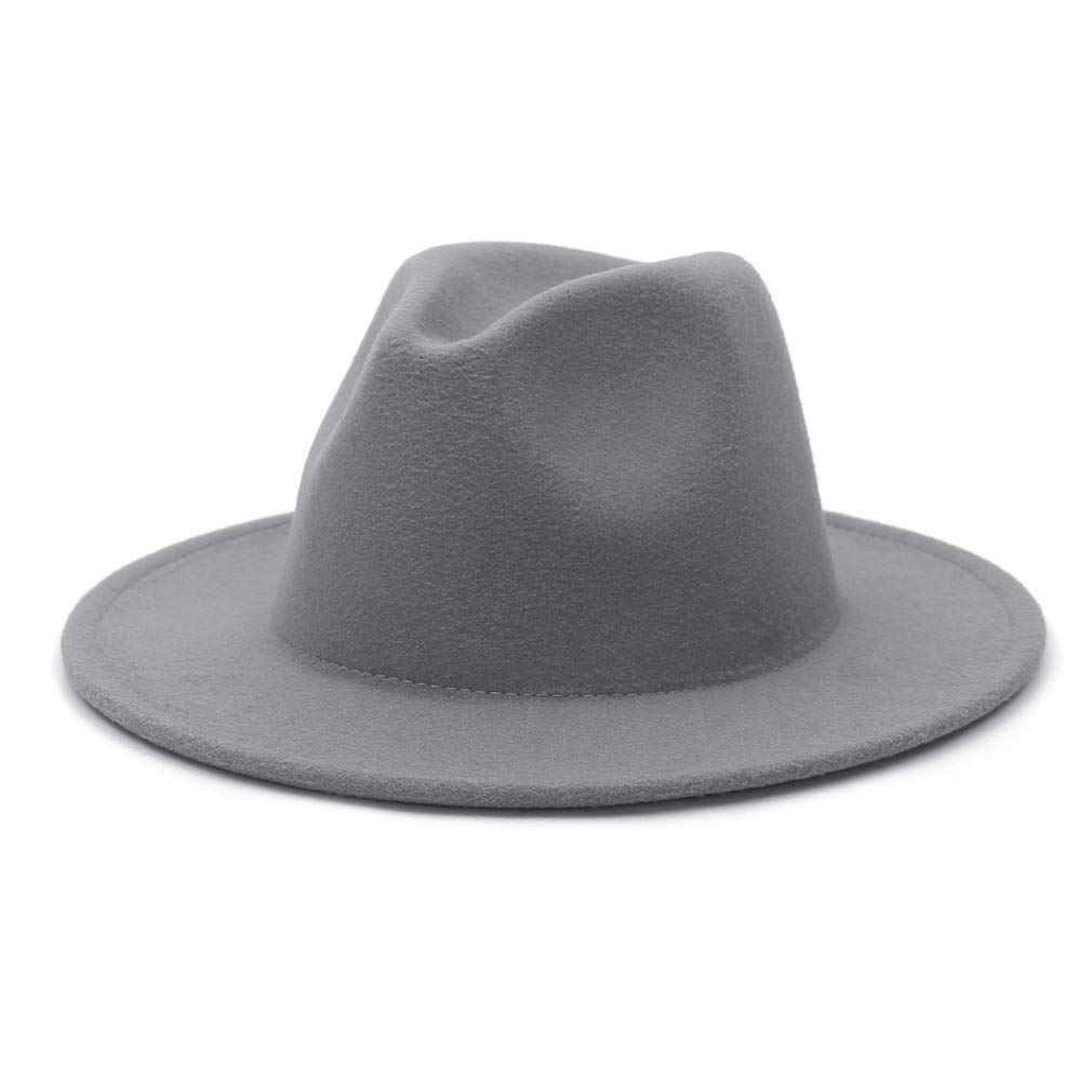 Gemvie Unisex Light Gray Vintage Wool Fedora Hats Mens Womens Elegant Wide Brim Jazz Panama Hat Trilby Felt Hats -M