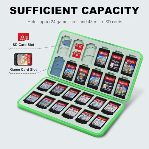Image of FYY Nintendo Switch Game Case Holder for Switch 2 Cartridge Case with 24 Game Card Slots & 48 Micro SD Card Slots, Hard Shell, Silicone Lining Green L Pattern