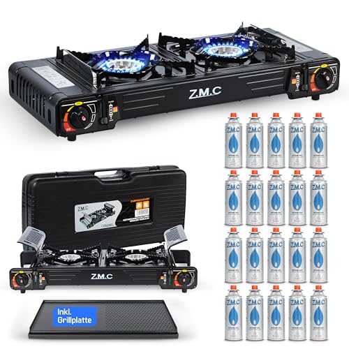 Z.M.C Premium Camping Gaskocher 2-flammig + Grillplatte + 20 Gaskartuschen...