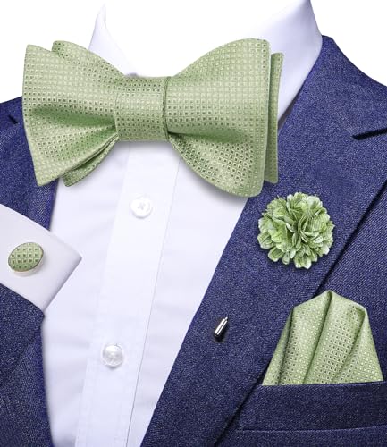 Image of Dubulle Self Tie Bow Ties and Lapel Pin for Men Paisley Solid Mens Bowtie and Handkerchief Cufflinks Set Wedding