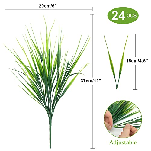 Ouddy Decor 24 Bundles Artificial Plants Outdoors Fake Wheat Grass Faux Greenery Stems Plastic Shrubs UV Resistant for Patio Garden Porch Window Box Spring Home Decor, Green