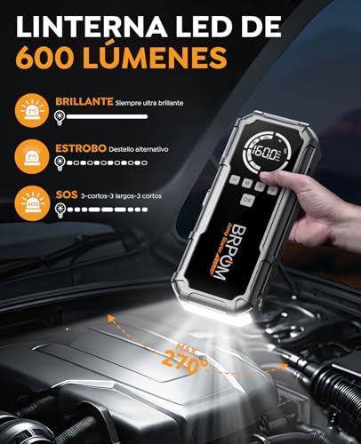 BRPOM Arrancador de baterías de Coche 8000 A con compresor de Aire 160 PSI, 12 V, para Motores Gasolina y diésel hasta 12 L, 26800 mAh, Pantalla LCD de 3,2 Pulgadas y luz LED 600 LM - Imagen 5