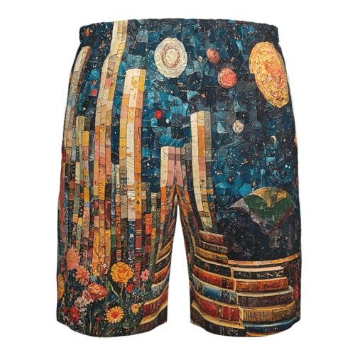 Men's Swim Trunks Beach Board Shorts Swimming Quick Dry - Library Bookshelf Hippie Vintage4