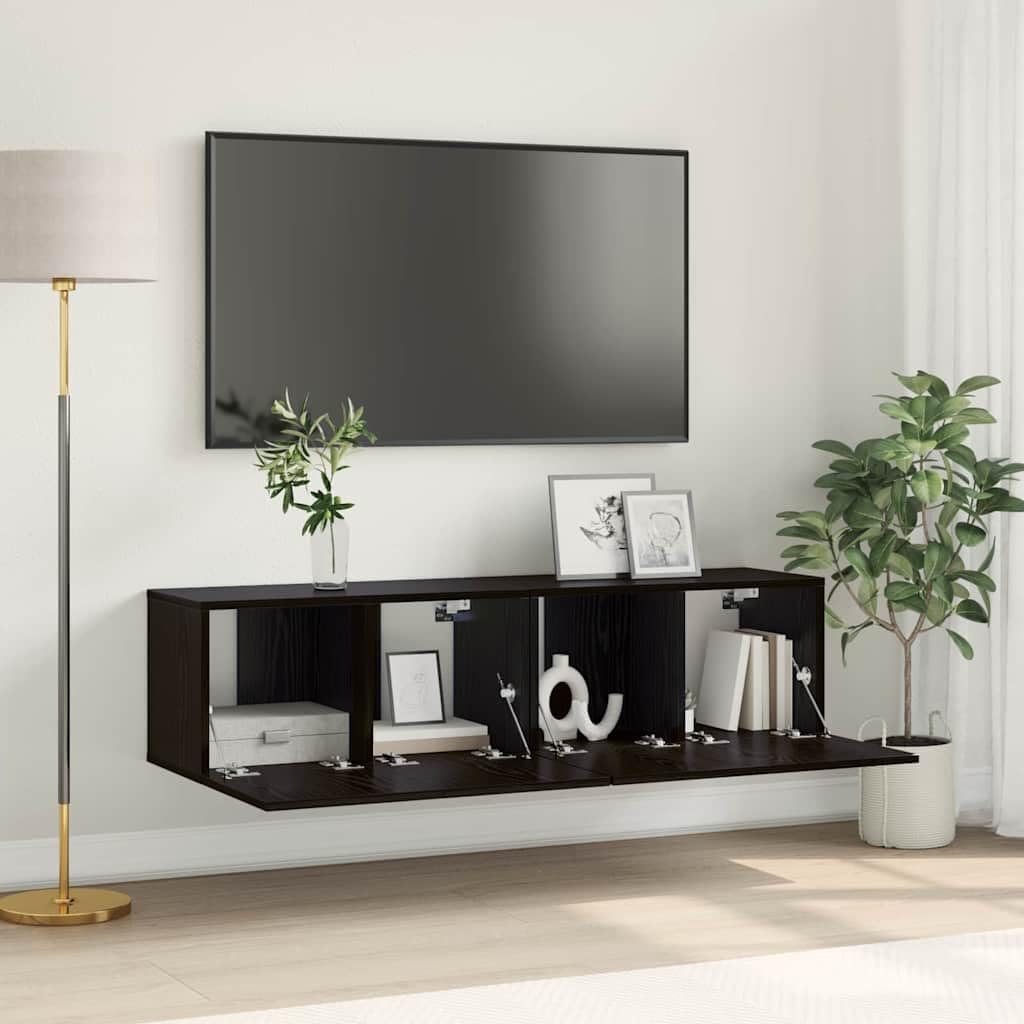 Meuble TV suspendu avec rangement fermé - Lot de 2 buffets bas en bois noir