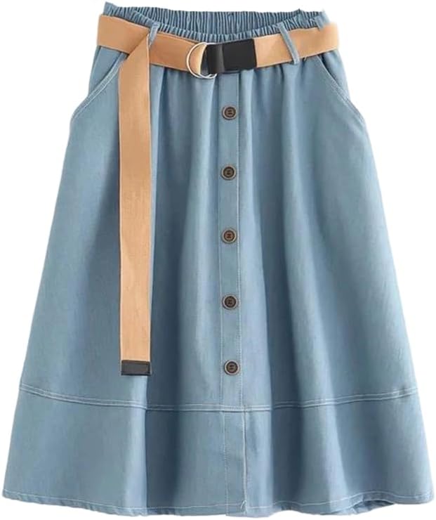 Women's Vintage Denim Skirt High Waist A-Line Midi Slim Work Casual Jeans Skirts Light Blue