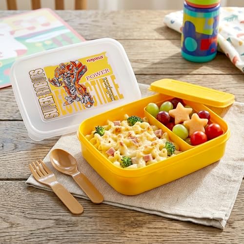 Image of Nayasa Ninja 2 Compartment BPA-Free Plastic Lunch Box for Kids Boys | Transformer Print | Leak Proof Push Lock | Yellow