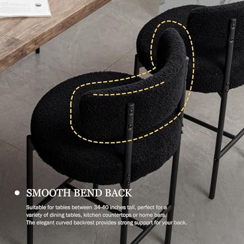 Image of Cinxzar Boucle Bar Stools Set of 2, Black Counter Height Bar Stools with Backs, Modern Barstools for Kitchen Island, Pub, Club