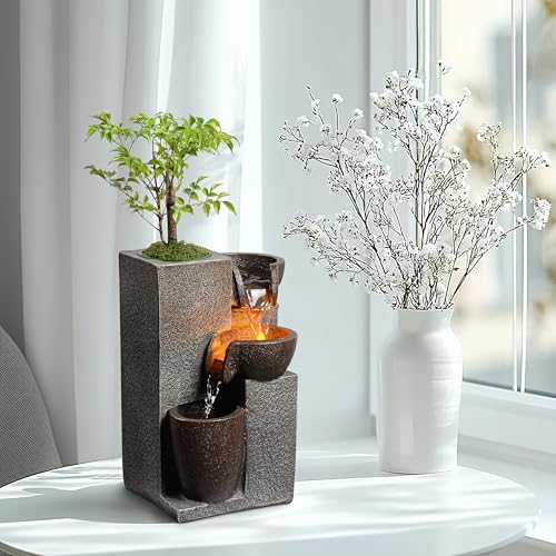 Mseonwxi Resin Tabletop Waterfall Fountain with LED Light & Plant Pot, Indoor Desk Water Fountains for Home Office Decor (22028N) - Thumbnail 4