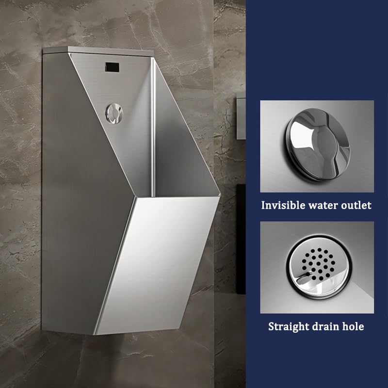 PFCDZDU 304 Stainless Steel Urinals, Commercial Flushing Urinal Trough for Men's, Bar Shop Wall-Mounted Induction Washout Toilet with Sensor and Drain Pipe(Silver)