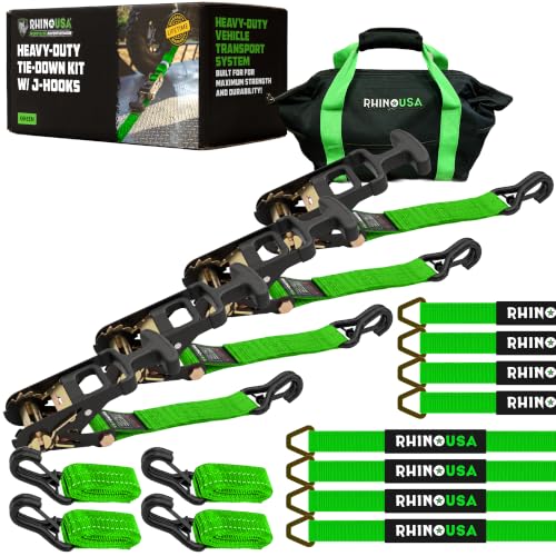 Image of Rhino USA Car Hauler Tie Down Straps (4-Pack) - 2inx8ft with J Hooks