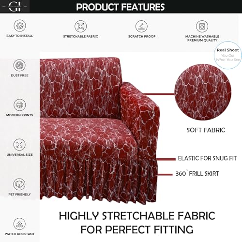 Image of Gifts Island Sofa Cover Set Marble Design 5 Seater Fully Covered Universal Polycotton Spandex with 360 Frill Non-Slip Sticky Elastic Stretchable Sofa Slipcover for Livingroom (Maroon Marble)