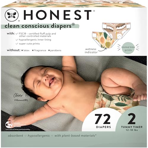 Image of The Honest Company Clean Conscious Diapers | Plant-Based, Sustainable | Fall '24 Limited Edition Prints | Club Box, Size 2 (12-18 lbs), 72 Count