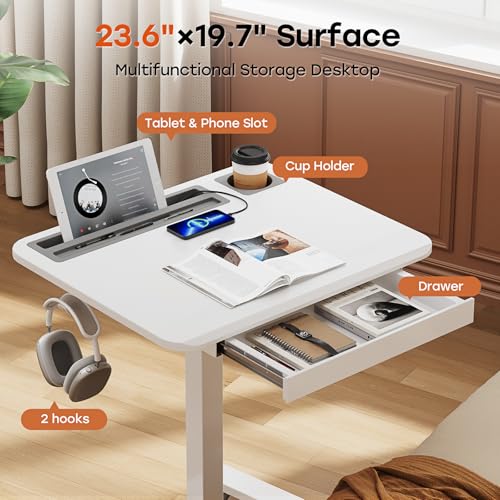 Image of Small Mobile Standing Desk with Drawer, 23.6 inchx19.7 inch Rolling Laptop Cart on Wheels, Height Adjustable Sit Stand Computer Workstation with Storage for Compact Space, White