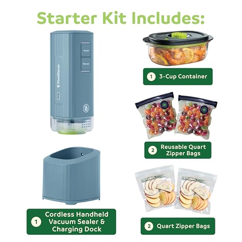 FoodSaver Mini Handheld Vacuum Sealer, Cordless, Vacuum Sealer with Charging Dock, Blue