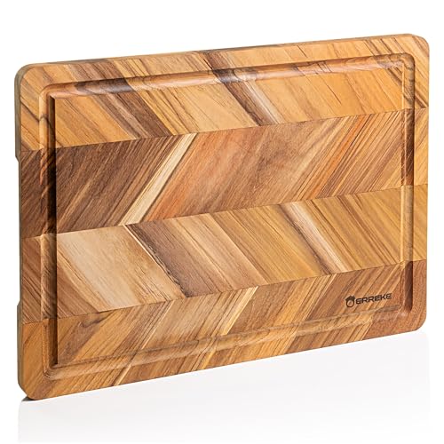 Erreke Tabla de Cortar en Madera de Teca Natural 40.5x30.5x2.0 cm, Diseño en Patrón Herringbone, Tabla Madera Cocina, para Servir Embutidos y Picar Carne Barbacoa Queso Pan, (ranura para jugos)