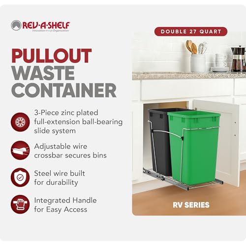 Image of Rev-A-Shelf Double Pullout Garbage Trash Cans for Kitchen Cabinets, 27 Qt