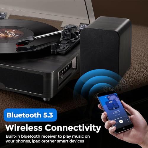 Image of Vangoa Vinyl Record Player with Bookshelf Speakers Bluetooth Vintage Turntable for Vinyl Records Belt-Drive 3 Speed Portable LP Players Wooden Vinyl Players Auto Stop with Cleaning Kits, Black