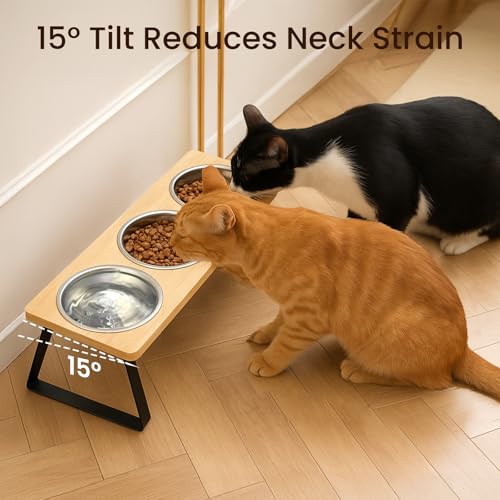 3 Cat Bowls with Stand - Adjustable Height Elevated Feeder for Cats & Small Dogs, Stainless Steel Raised Bowls, Anti-Vomit & Anti-Slip Tilted Design, Slow Feeding Pet Food & Water Station - Image 3