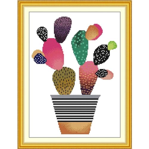 Image of ITSTITCH Stamped Cross Stitch Kits - Full Set of Embroidery for Beginners or Adults,14 CT 2 Strands DIY Colorful Cacti Patterns Counted Arts Craft 11.8x15.7 inch