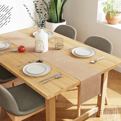 Image of Encasa XO 4 to 6 Seater Dining Embossed Velvet Table Runner | Size 32x183 cm | Beige Color with Premium Polyester - Machine Washable