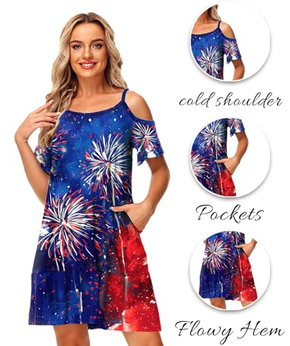 Image of Deerose Womens 4th of July Dresses Cold Shoulder American Flag Tie Dye A-Line Dress with Pockets