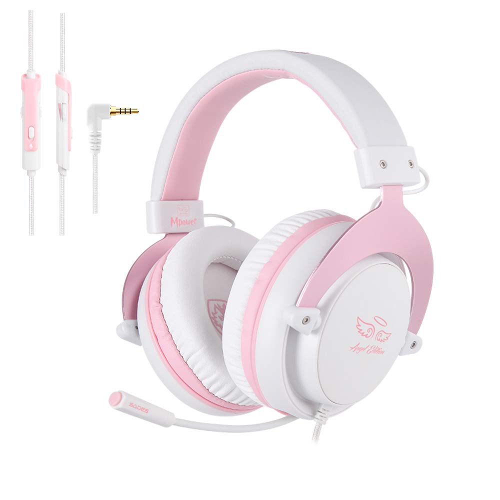 SADES[Angel Edition] MPOWER 3.5mm Gaming Headset, Over-Ear Headphones With Retractable Mic, Noise Cancelling, Soft Memory Earmuffs for PC, Smart Phones, Tablet, Laptops, Switch, PS4