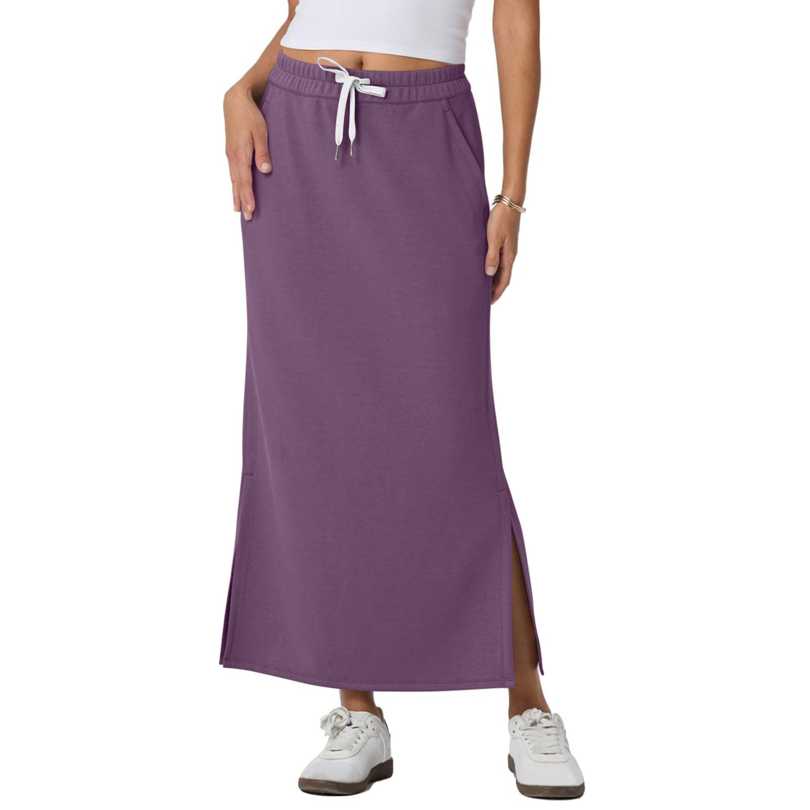 Xiaojmake Womens Long Skirt Dressy High Waist Drawstring Summer Spring Slit Hem Casual Work Pencil Skirts with Pockets
