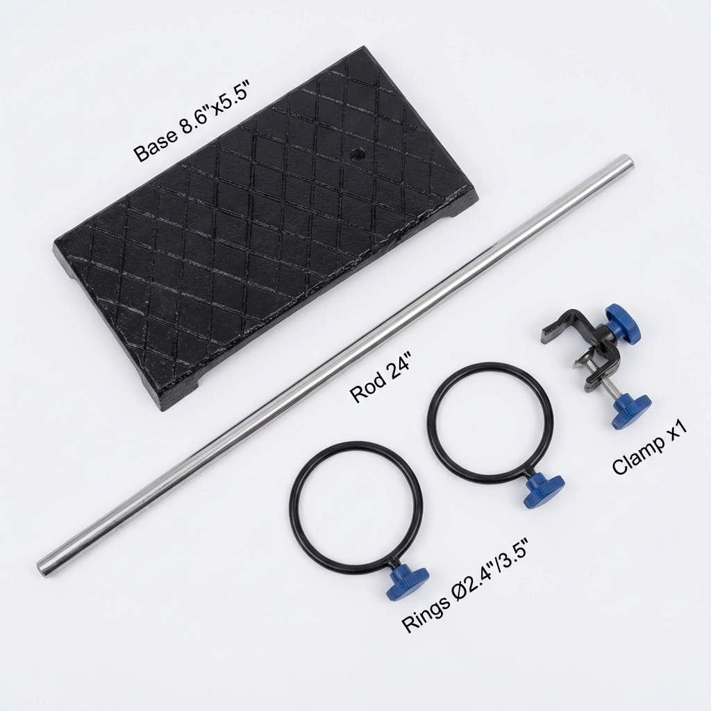 QWORK - Set di supporti per supporti da laboratorio per impieghi gravosi Base in ghisa (8,6"x 5,5" 3,3 libbre), asta (24"L), 2 anelli storta (diametro 2,4" / 3,5") e un morsetto per beuta