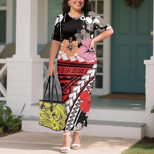 Image of Puletasi Samoan Traditional 2 Piece Outfits for Women Short Sleeve Crop Top and Maxi Skirt Sets Puletasi Dress