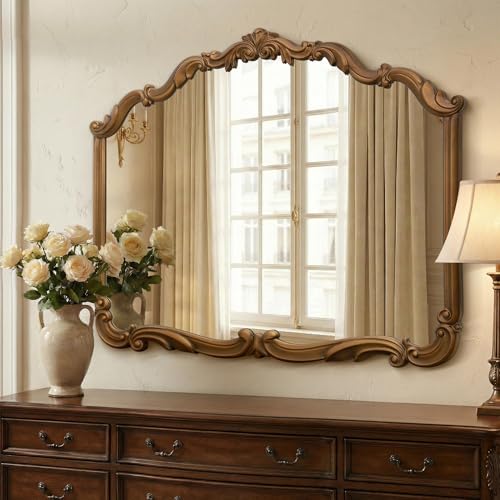 Besdomus Large Antique Arched Mirror: 40x32 in Wood Frame Vintage Wall Mounted Mirror - Traditional Ornate Wall Decor for Mantle/Fireplace/Entryway/Living Room