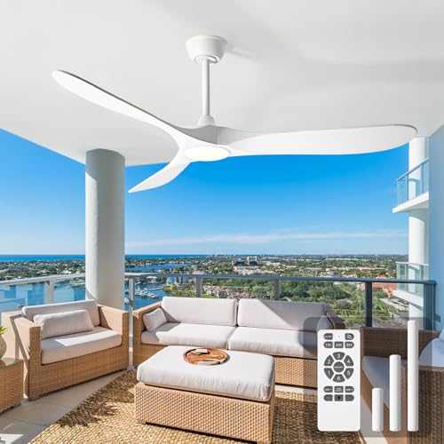 Image of 60 Inch Ceiling Fans with Lights and Remote, Wood Outdoor Ceiling Fan with 6 Speed Noiseless DC Motor, Indoor Modern 3 Blade Propeller Ceiling Fan for Bedroom Living Room Gazebo Patio (White)
