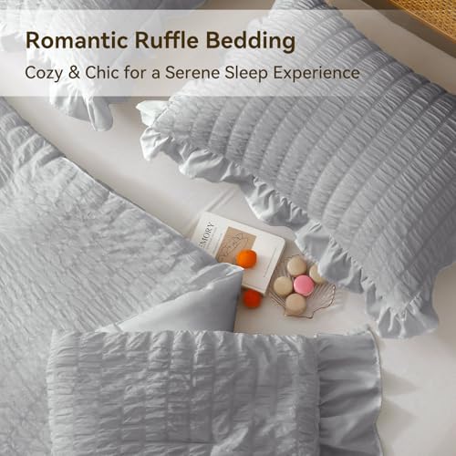 JOLLYVOGUE Light Grey Twin Size Comforter Set, 2 Pieces Seersucker Lightweight Fluffy Bedding Set, Twin Ruffle Comforter, All Season Soft Microfiber Shabby Chic Bed Set