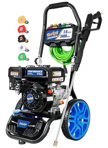 TOOLCY 3400 PSI & 2.8 GPM Gas Powered Pressure Washer with Onboard Soap Tank, Power Washer for Cleaning Cars Homes Patios Fences Driveways, Spray Gun, 5 Nozzles, 50FT Pressure Hose (Foldable Frame)