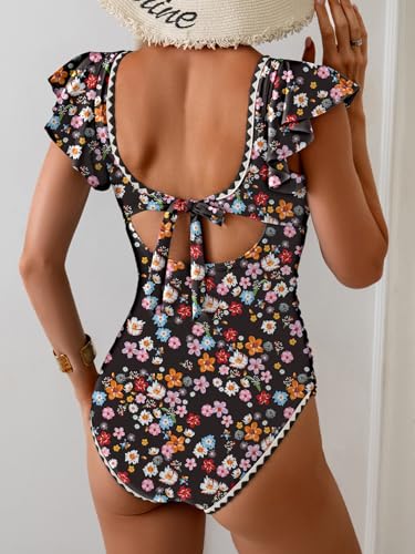 Image of Aidonger Women's One Piece Ruffle Swimsuit Tummy Control Bathing Suit V Neck Shell Stitched Swim Suit Slimming Swimwear