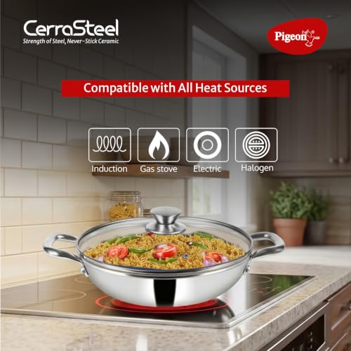 Image of Pigeon Cerrasteel 24cm Ceramic Kadai| Non-Stick| Ceramic Coated| Beige