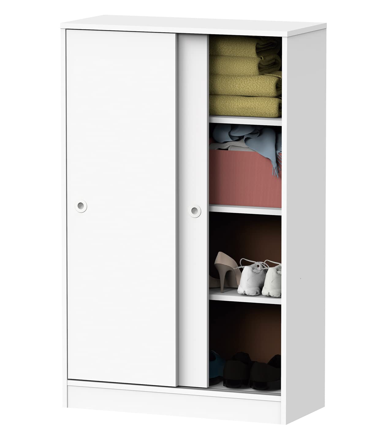 Armario Bajo Auxiliar Multiusos con 2 Puertas Correderas y 3 Estantes, Acabado en Color Blanco, Medidas: 74 cm (Ancho) x 120 cm (Alto) x 33 cm (Fondo)