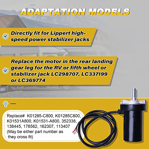 Rear Electric Stabilizer Jack Motor Compatible With Lippert 113407, 352338, 138445, 178562, 162307, For Stabilizer Jacks 337199 369774 298707 | Replace# K01285-C800, K01285C800, K01531A800 K01531-A800 #TOP1