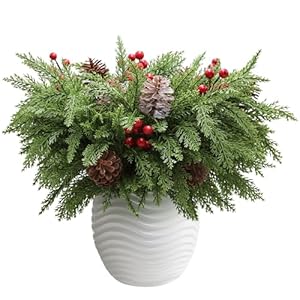 24 Pcs Real Touch Norfolk Pine Stems 18″ Artificial Realistic Christmas Greenery Pine Branches with Faux Pinecones Red Berries for Vase DIY Crafts Garland Wreath Xmas Indoor Outdoor Home Decor