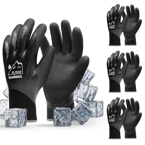 Image of toolant Waterproof Winter Work Gloves, Double Nitrile Oil Resistant Grip | Thermal Insulation, Waterproof Protection in Freezer Work, Construction, Mechanics, Mining, Plumbing, 3 Pairs, Black, Large