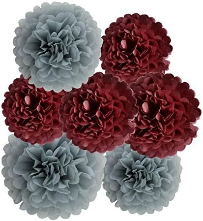 HEARTFEEL 12pcs Tissue Paper Pom Poms, Grey Burgundy Paper Flowers 8inch10inch Tissue Paper Balls, Best Decorations for Wedding, Birthday Baby Shower Bachelorette Nursery Decorations