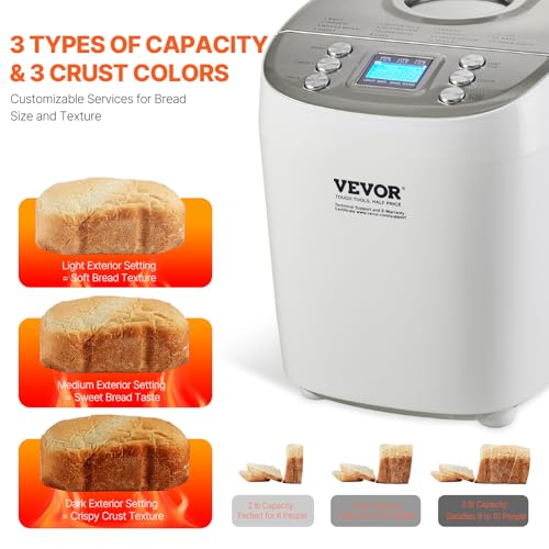Image of VEVOR Bread Maker, Dough Machine 15 Menus in 1, Non-Stick Ceramic Pan Automatic Breadmaker with Non-Gluten Setting, Whole Wheat Bread Making, Digital, Programmable, 3 Loaf Sizes, 3 Crust Colors, White