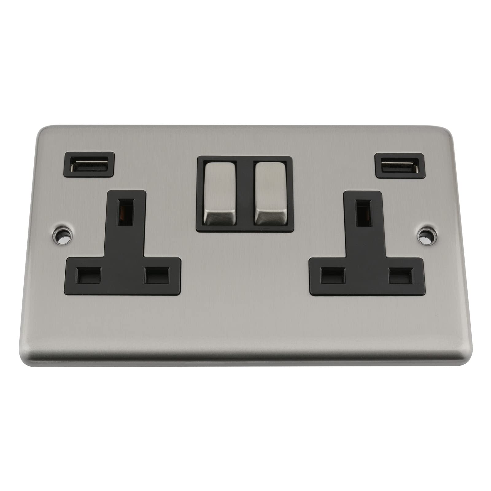 A5 USB Socket 2 Gang - Satin Matt Chrome Classic - Black Insert - Metal Rocker Switch