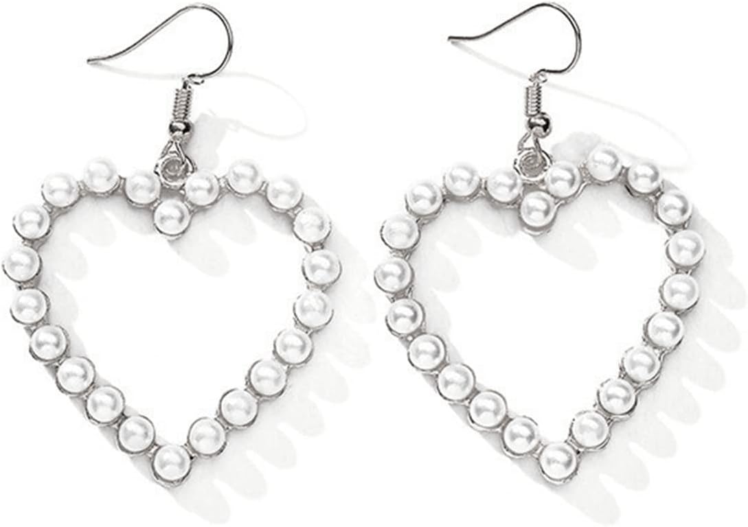 1/2 Pairs Set Pearl Heart Drop Dangle Earrings for Women Elegant Imitation Pearl Love Heart Beaded Loop Earrings Party Wedding Jewelry Gift Dainty Cutie