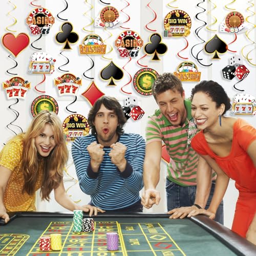 Image of 54Pcs Casino Theme Party Decorations Las Vegas Hanging Swirl Decorations Poker Dice Cutouts Ceiling Streamers for Red and Black Casino Poker Night Las Vegas Birthday Party Decorations Supplies