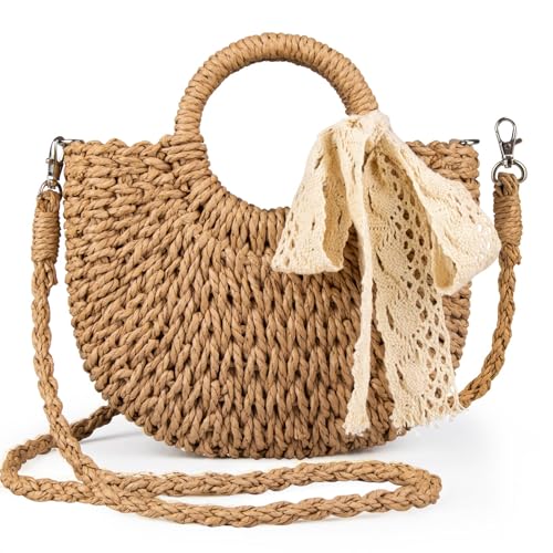 ESAN Small Straw Cluth Bag Summer Beach Woven Shoulder Crossbody Boho Purse Handbag For Women(Drawstring Closure)
