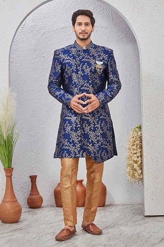 Image of Indian Designer Wedding Festive Wear Jacquard Indo-Western Sherwani Pajama Set For Men