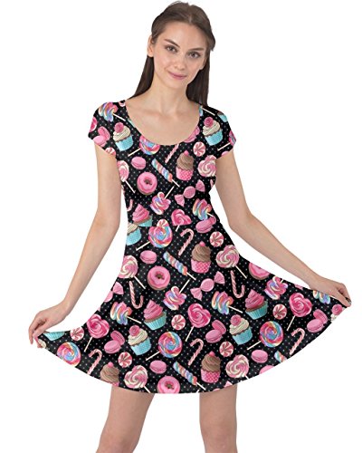 CowCow Womens Black Yummy Colorful Sweet Lollipop Candy Macaroon Cupcake Donut Cap Sleeve Dress, Black - L