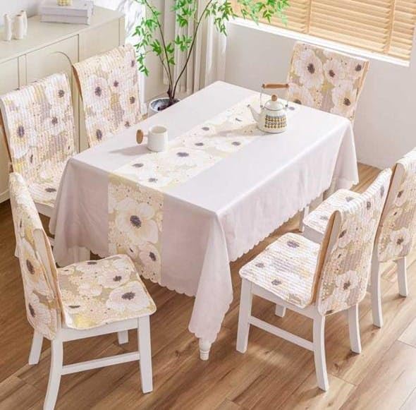 Image of HOMETHREADS Floral Cotton Chair Cover Set | Soft & Comfortable Seat Covers with Anti-Skid Non-Slip Backing + Waterproof Dining Table Cover (140x220 cm) (White Yellow, 6 Chair Covers + 1 Table Cover)